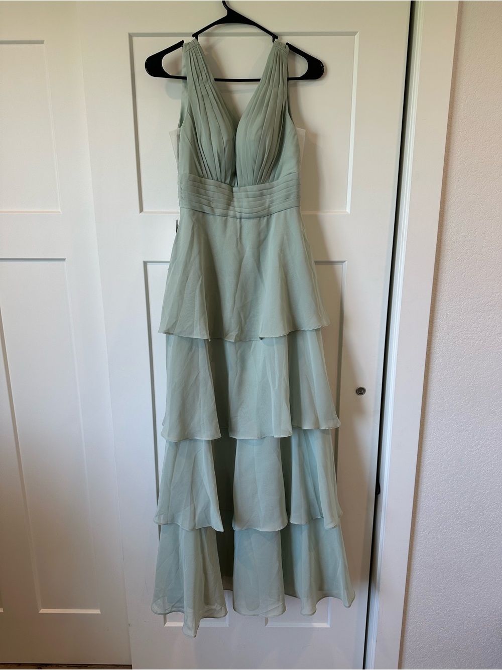 Light Sage Tiered V-Neck Chiffon Evening Dress
